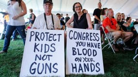 Des manifestants avec des pancartes contre les armes durant une marche pour la vie, à Newtown, dans le Connecticut