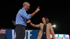L'ex-président Barack Obama et la candidate démocrate Kamala Harris, lors d'un meeting de campagne en Géorgie, le 24 octobre 2024.