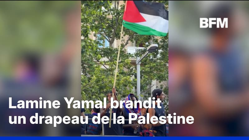 Lamine Yamal brandit un drapeau palestinien lors des célébrations du titre du FC Barcelone