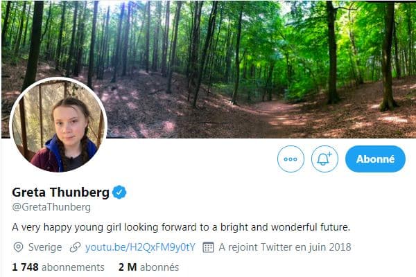 La bannière et la biographie du réseau social de Greta Thunberg. La bannière et la biographie du réseau social de Greta Thunberg.