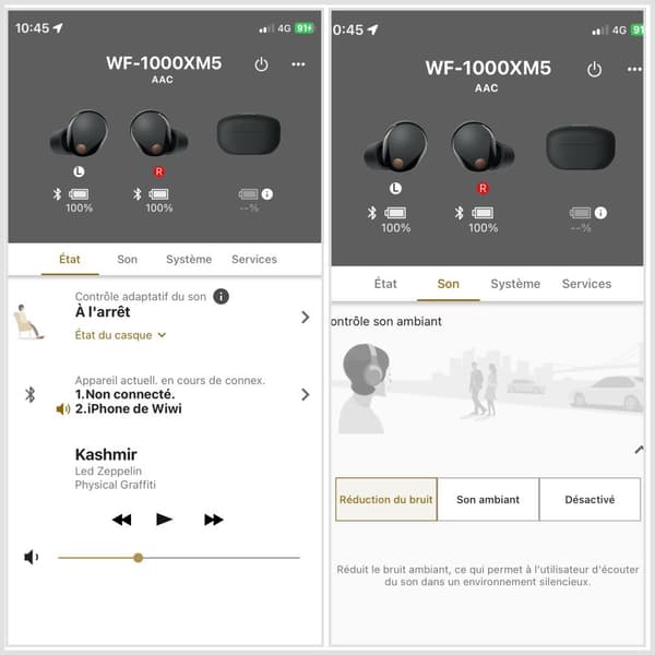 L'interface de l'app Headphones Connect et la page de contrôle du son ambiant. 