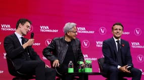 Emmanuel Macron, Jensen Huang et Arthur Mensch à Vivatech.
