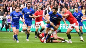 Romain Ntamack, Antoine Dupont et Charles Ollivon lors de France-pays de Galles (41-28), le 18 mars 2023