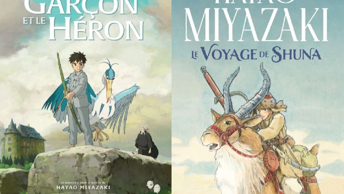 L'affiche du "Garçon et le héron" et la couverture du livre "Le Voyage de Shuna" de Hayao Miyazaki L'affiche du "Garçon et le héron" et la couverture du livre "Le Voyage de Shuna" de Hayao Miyazaki