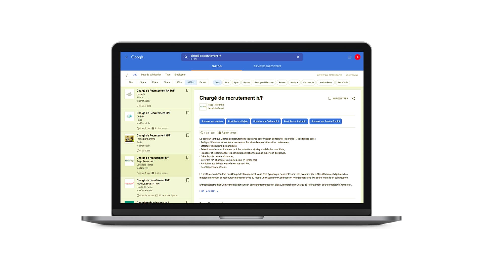 Les filtres de recherche Google sur les offres d'emploi. 