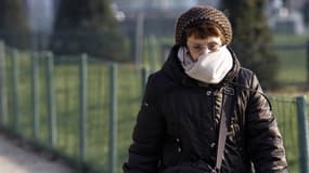 Une femme marchant dans le froid à Paris le 1er février 2012