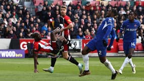 Yoane Wissa, auteur d'un retourné acrobatique face à Chelsea avec Brentford, le 2 mars 2024