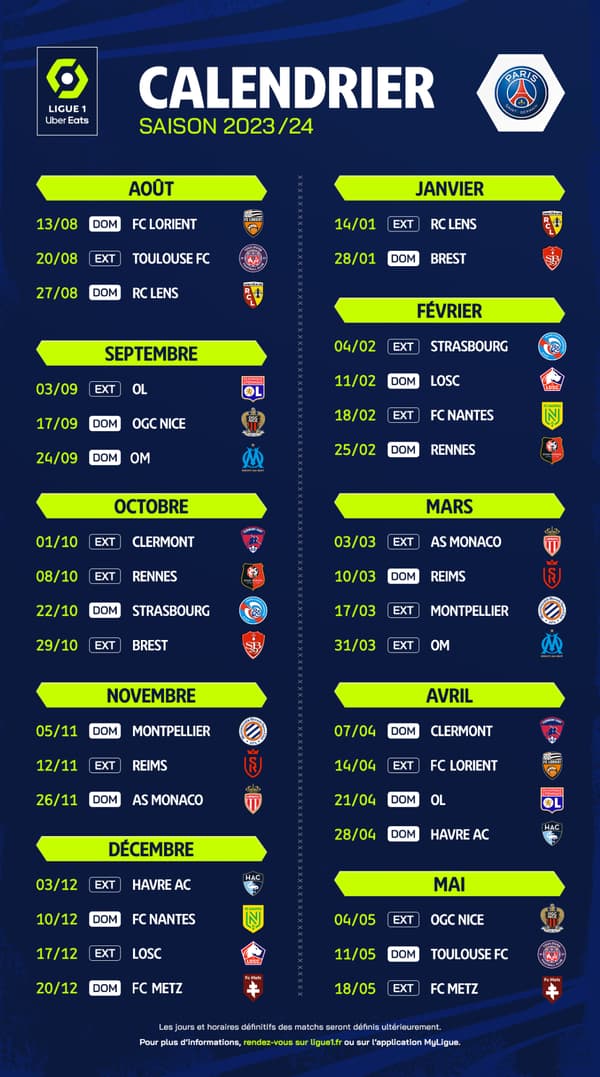 Le calendrier de la saison du PSG à imprimer - Le Parisien