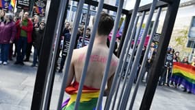 Manifestation à Berlin en soutien aux personnes homosexuelles en Tchétchénie.