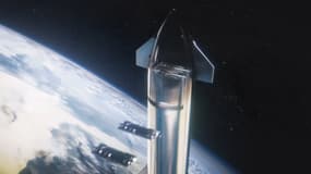 Une simulation de fusée Starship qui déploie des satellites Starlink V3