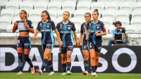 Les joueuses marseillaises célèbrent le but de Mathilde Bourdieu lors de la défaite à Lyon (3-1, D1), le 7 septembre 2025