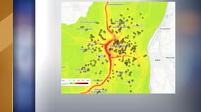 Carte de la pollution au dioxyde d'azote mesurée autour des écoles de Strasbourg.