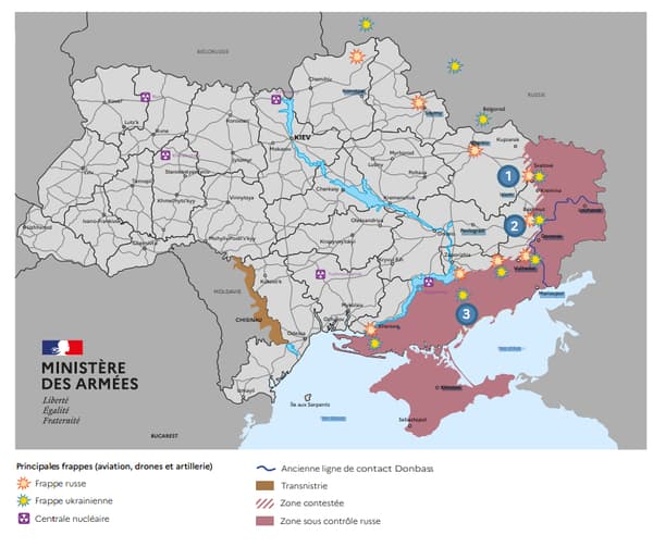 Guerre en Ukraine, carte fournie par le Ministère des armées français, 5 au 7 juillet 2023
