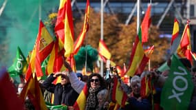 Sur cette photo prise le 27 novembre 2022, des partisans du parti d'extrême droite Vox agitent des drapeaux nationaux espagnols lors d'une manifestation anti-gouvernementale à Madrid.