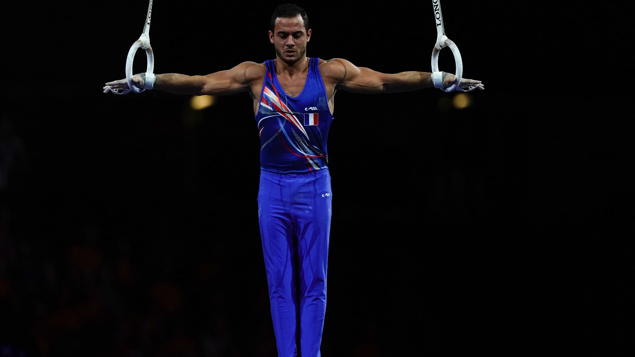 Samir Aït Saïd aux anneaux lors des Mondiaux 2019, où il a obtenu sa qualification pour Tokyo avec le bronze