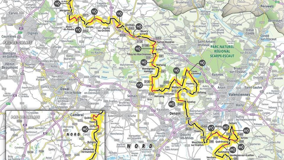 La carte du parcours du Paris-Roubaix 2025