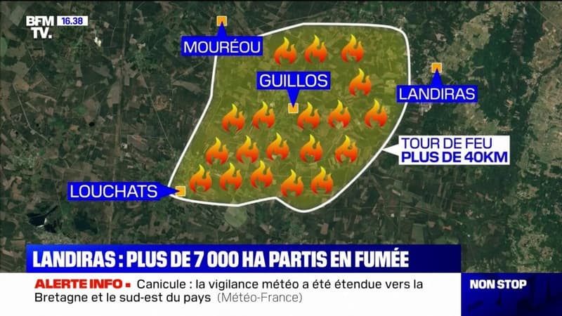 Incendies en Gironde: le tour de feu atteint plus de 40 kilomètres autour des communes de Landiras et Guillos