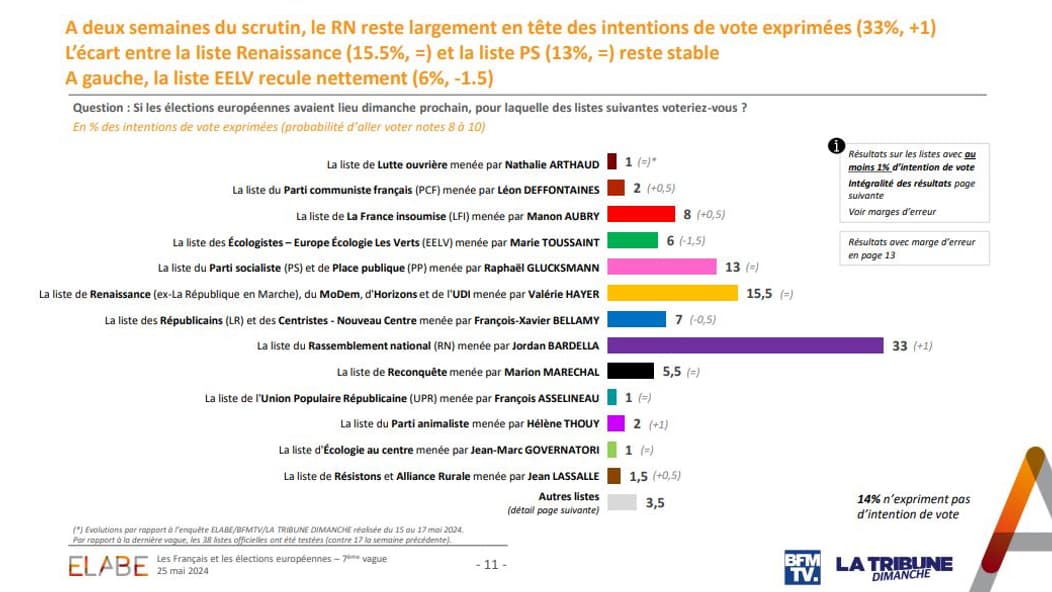 A deux semaines des élections européennes, le RN reste largement en tête des intentions de vote exprimées (33%, +1), selon un sondage Elabe pour BFMTV et La Tribune dimanche publié le 25 mai 2024