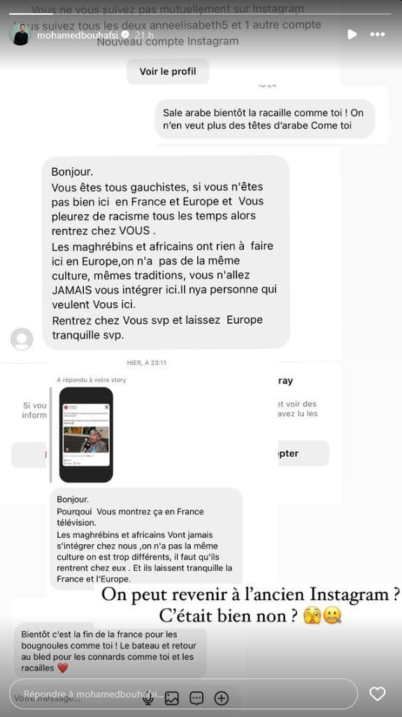 Les messages reçus par Mohamed Bouhafsi, qu'il relaye dans sa propre story Instagram du 25 juin 2024