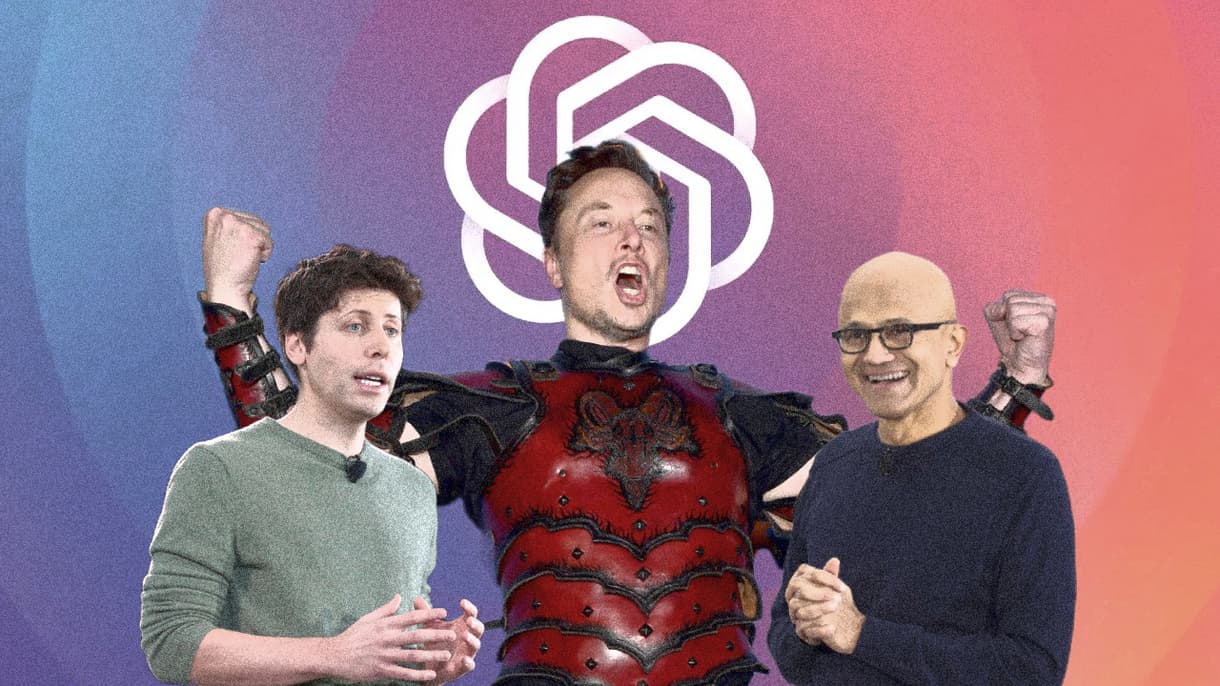 Sam Altman, Elon Musk, Satya Nadella (de gauche à droite): trois des principaux visages de l'histoire d'OpenAI