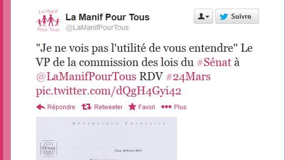 Le collectif "Manif pour tous" a rendu la lettre du sénateur Jean-Pierre Michel oublique, sur Twitter, lundi après-midi.