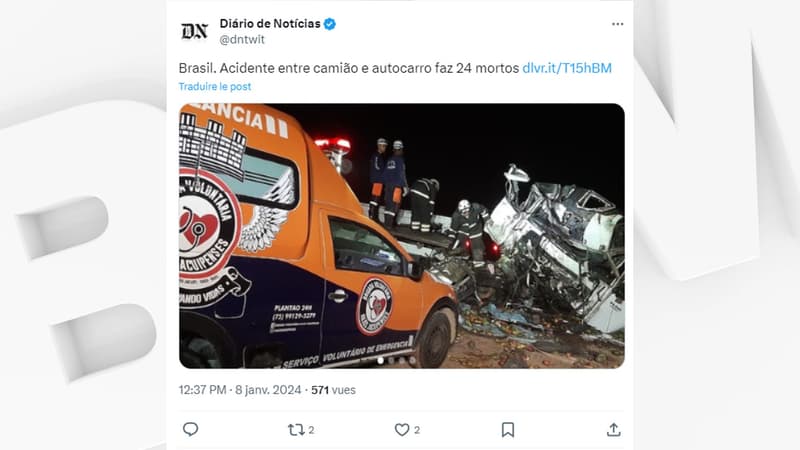 Brésil: au moins 25 morts après une collision entre un bus et un camion dans l'est du pays