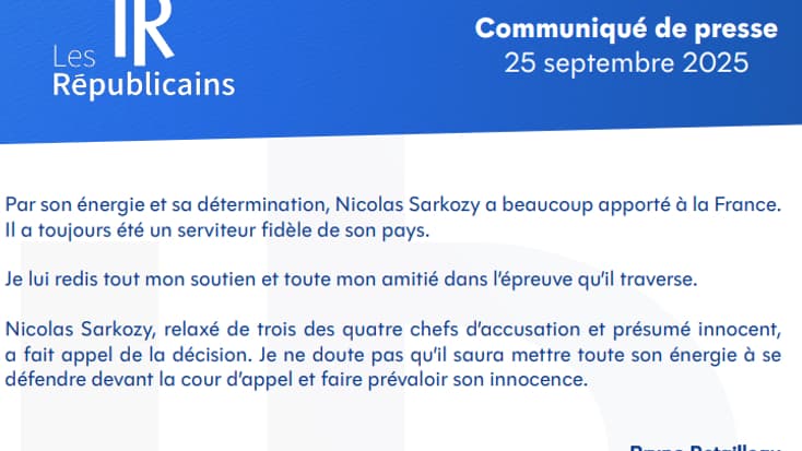 Communiqué de presse de LR après la condamnation de Nicolas Sarkozy le 25 septembre 2025