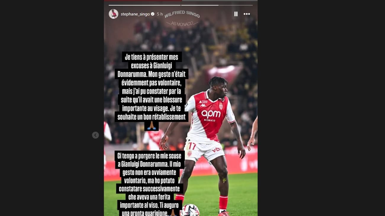 Les excuses sur Instagram de Wilfried Singo pour Gianluigi Donnarumma qu’il a sévèrement blessé au visage en lui assénant une semelle involontaire lors de Monaco-PSG (2-4, L1), le 18 décembre 2024