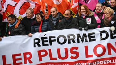 Les leaders des syndicats dans une manifestation contre la réforme des retraites