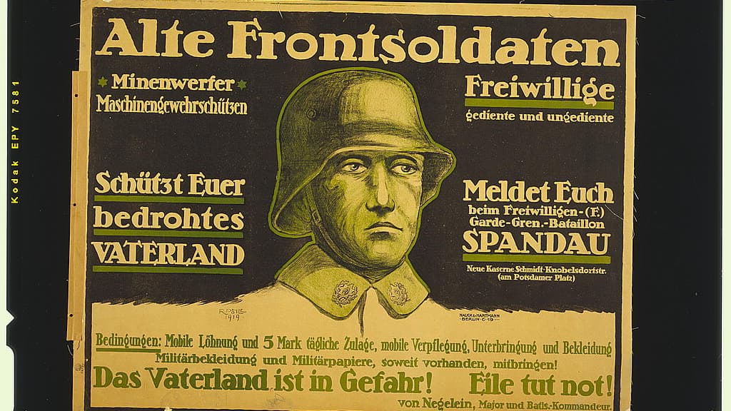 Image de propagande de 1919 montrant un "frontsoldaten", précurseur dans l'imaginaire nazi du "waffen SS".