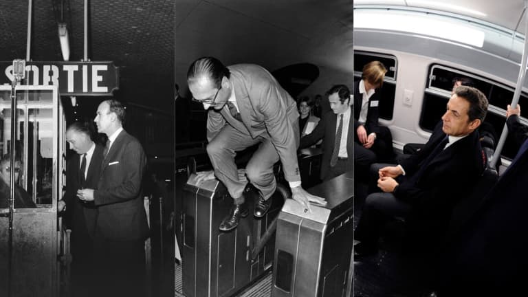 Valéry Giscard d'Estaing, Jacques Chirac et Nicolas Sarkozy dans le métro parisien.