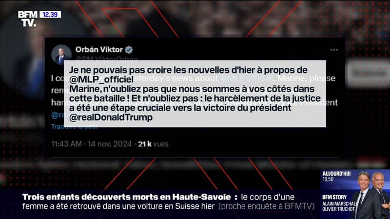 Procès du RN: le Premier ministre hongrois Viktor Orban apporte son soutien à Marine Le Pen