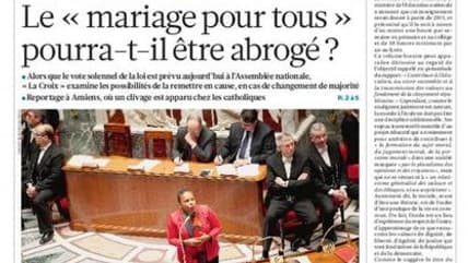 Une du quotidien La Croix, le 23 avril 2013 alors que le projet de loi légalisant le mariage homosexuel doit être définitivement adopté par l'Assemblée, mardi