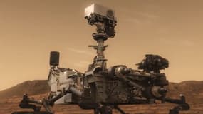 Image de synthèse représentant le robot Curiosity sur Mars.