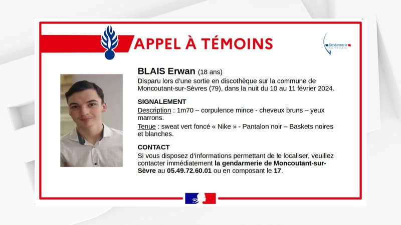 Erwan, 18 ans, a disparu le 11 février 2024 à Moncoutant-sur-Sèvre (Deux-Sèvres). 