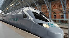 Train Eurostar Celestia en gare de Paris-Nord, Londres St-Pancras ou Bruxelles Midi. Image générée par intelligence artificielle. Les couleurs et la livrée ne sont pas définitifs