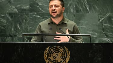 Le président ukrainien Volodymyr Zelensky s'adresse à la 78e Assemblée générale des Nations Unies au siège de l'ONU à New York, le 19 septembre 2023.