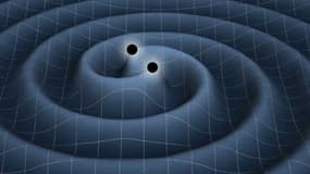 Vue d'artiste des ondes gravitationnelles se propageant dans le tissu de l'espace-temps.