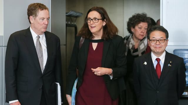 De gauche à droite : Robert Lighthizer, Cecilia Malmström,Hiroshige Seko.