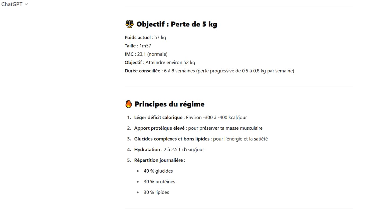 ChatGPT génère un régime sans disposer de toutes les informations essentielles.
