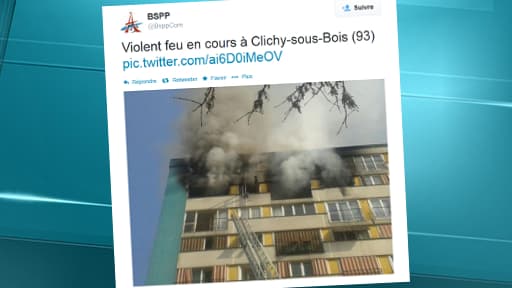 L'immeuble où le feu s'est déclenché, allée Jean-Mermoz à Clichy-sous-Bois, ce jeudi. Photo postée sur le compte Twitter de la Brigade des sapeurs-pompiers de Paris (BSPP).