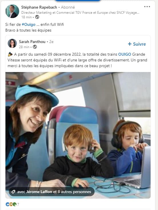 Post LinkedIn de Stéphane Rapebach, directeur marketing TGV