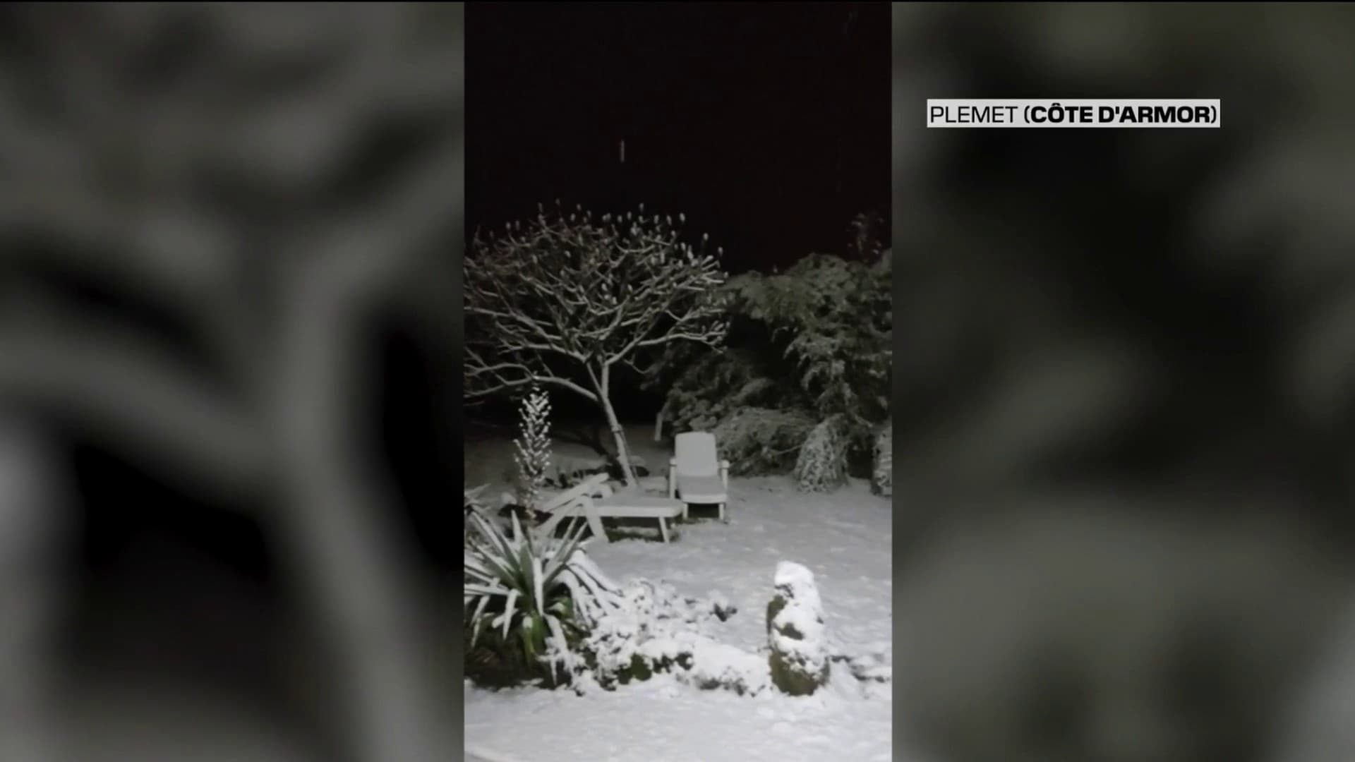 Un jardin de Plémet, dans les Côtes d'Armor, recouvert de neige.