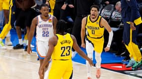 Tyrese Haliburton exulte lors de la victoire d'Indiana sur le parquet d'OKC lors du match 1 des Finales NBA (110-111), le 5 juin 2025