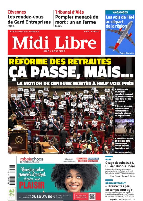 The front page of the Midi-Libre of March 21, 2023 