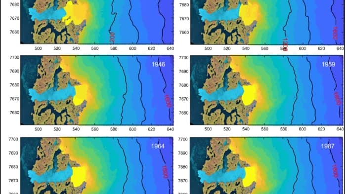 Retrait et élévation de la surface en mètres de Jakobshavn Isbræ en 1875, 1902, 1913, 1931, 1946, 1959, 1964, 1987, 2002 et 2012. Retrait et élévation de la surface en mètres de Jakobshavn Isbræ en 1875, 1902, 1913, 1931, 1946, 1959, 1964, 1987, 2002 et 2012.
