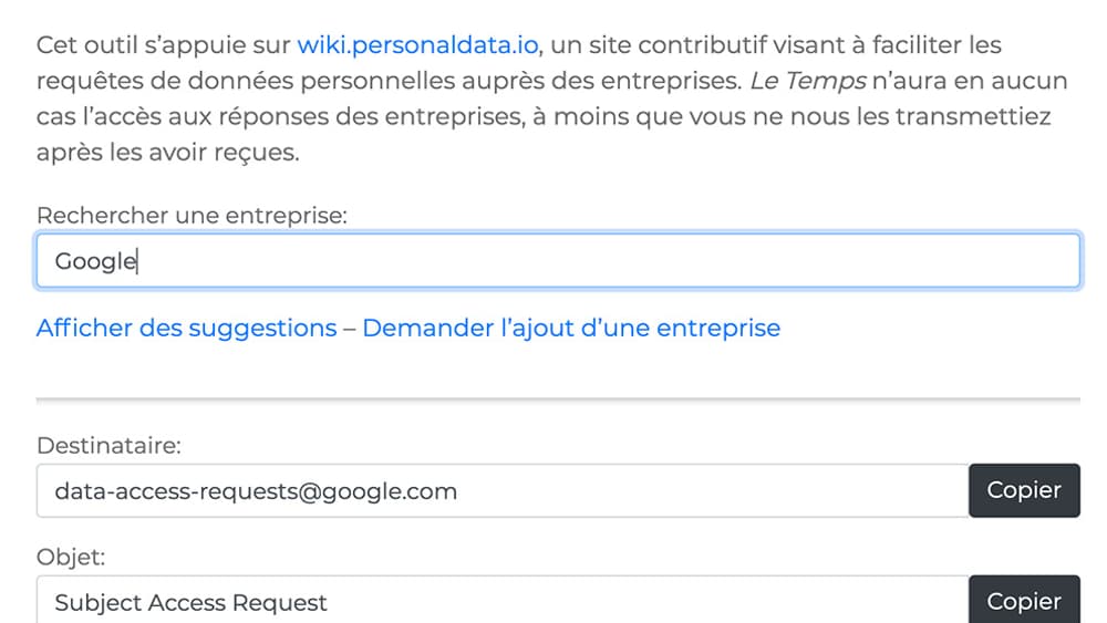 Ebauche de mail pour Google générée par la plateforme du quotidien suisse Le Temps