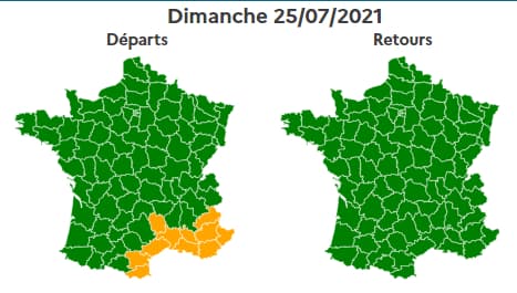 La journée sera verte dimanche, avec une partie Sud de la France en orange dans le sens des départs. La journée sera verte dimanche, avec une partie Sud de la France en orange dans le sens des départs.