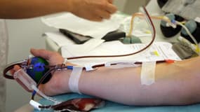 Un médecin prélève du sang sur un patient le 6 juillet 2012 au centre de collecte de l'Établissement français du sang (EFS) à Paris.