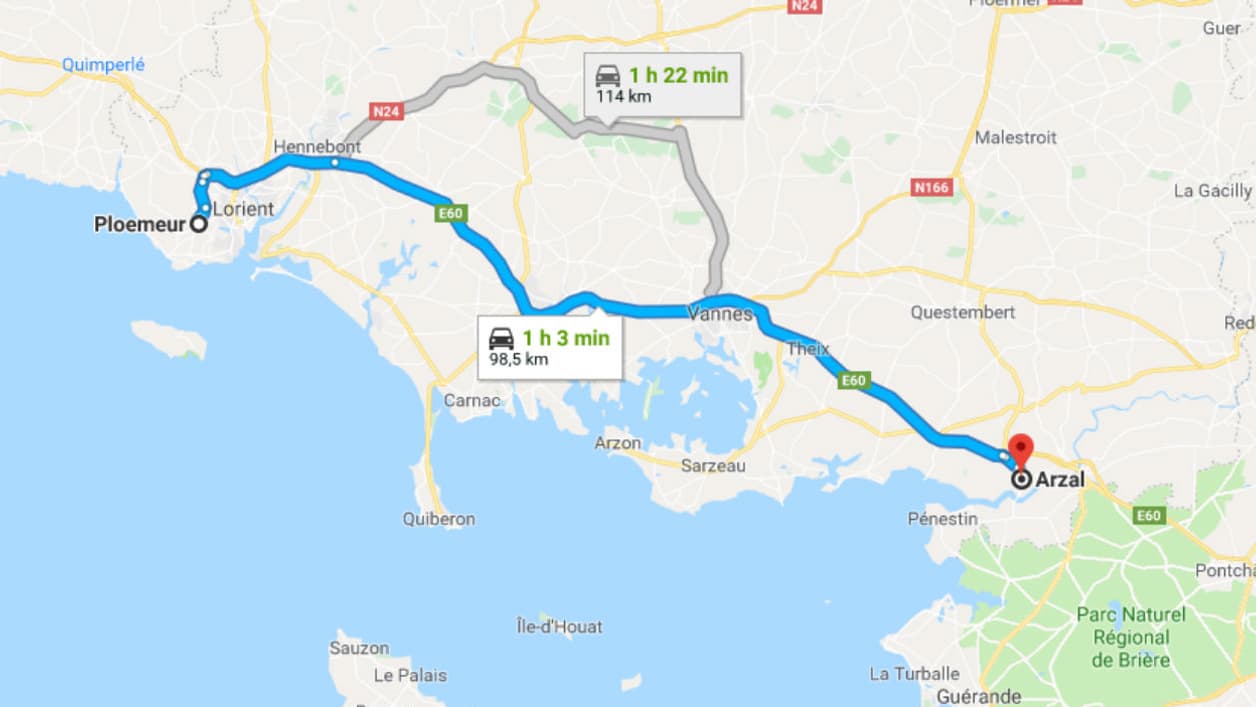 Le trajet entre Ploemeur et Arzal Le trajet entre Ploemeur et Arzal